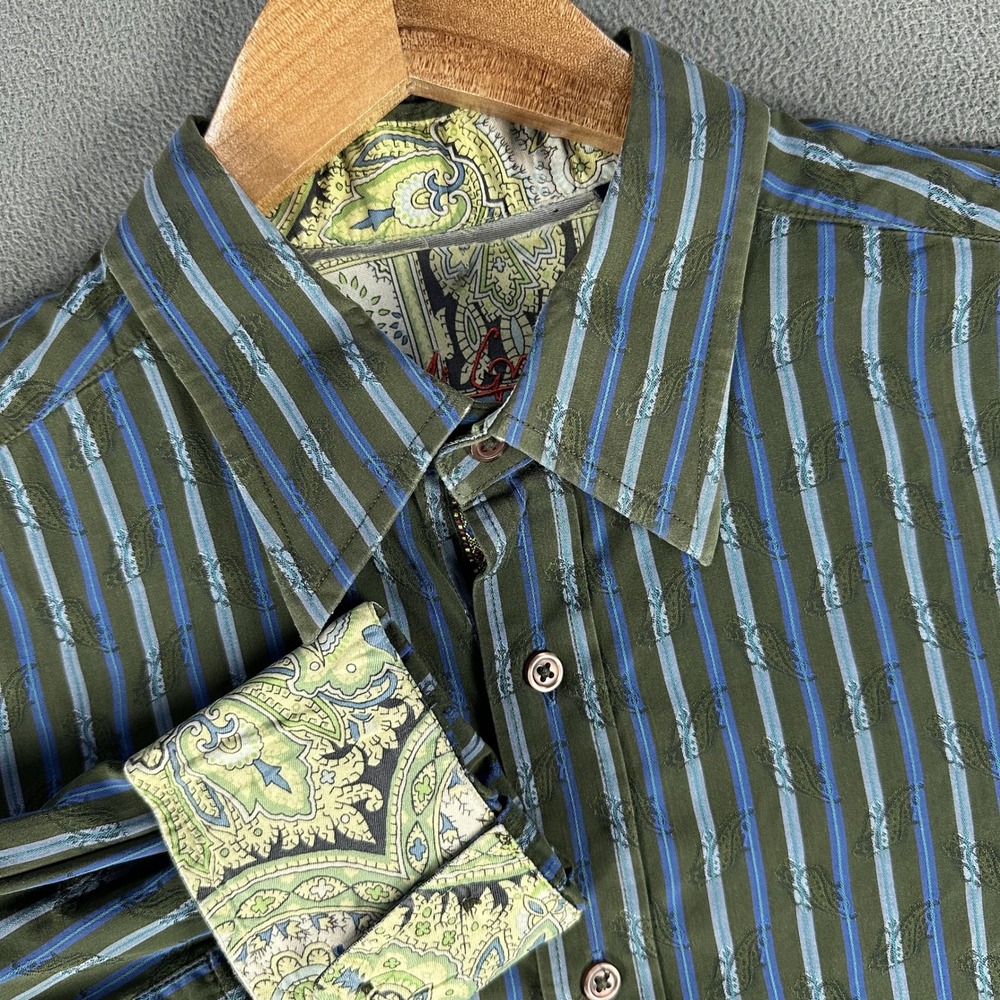Robert Graham Shirt XL Green Blue Colorful Paisley Abstract Flip Cuff Party Rave